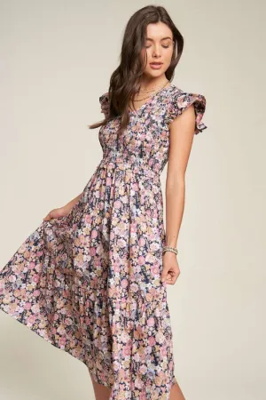 Vintage Garden Floral Flutter Sleeve Smocked Midi Dress