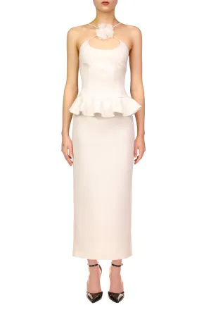 White Crepe Dress With Peplum Detail And Flower Pin