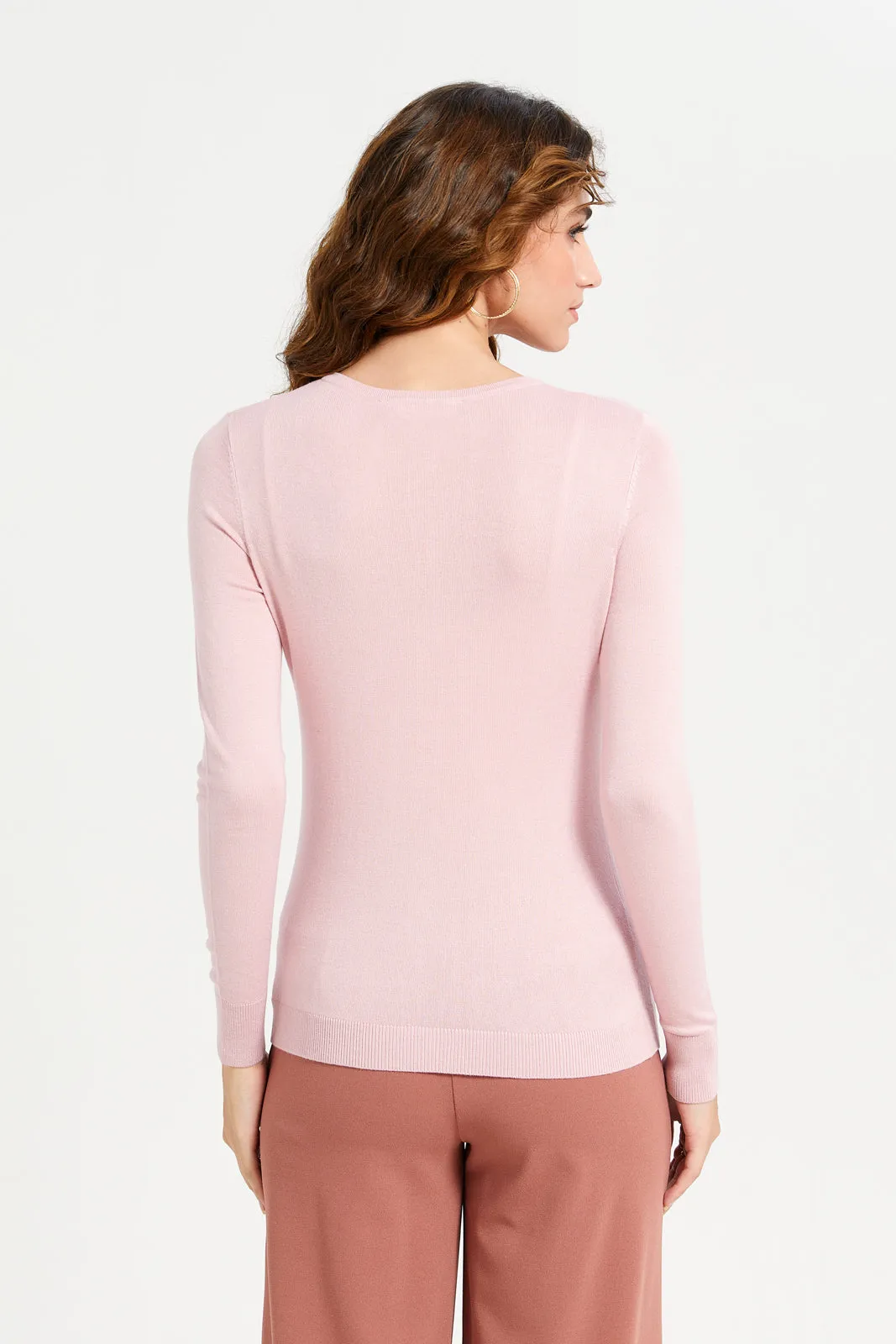 Women Pink Crew Neck Cardigan