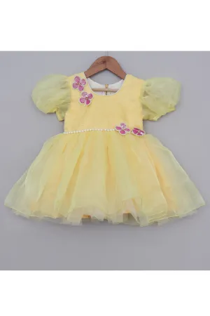 Yellow Floral And Pearl Detailing Organza Dress