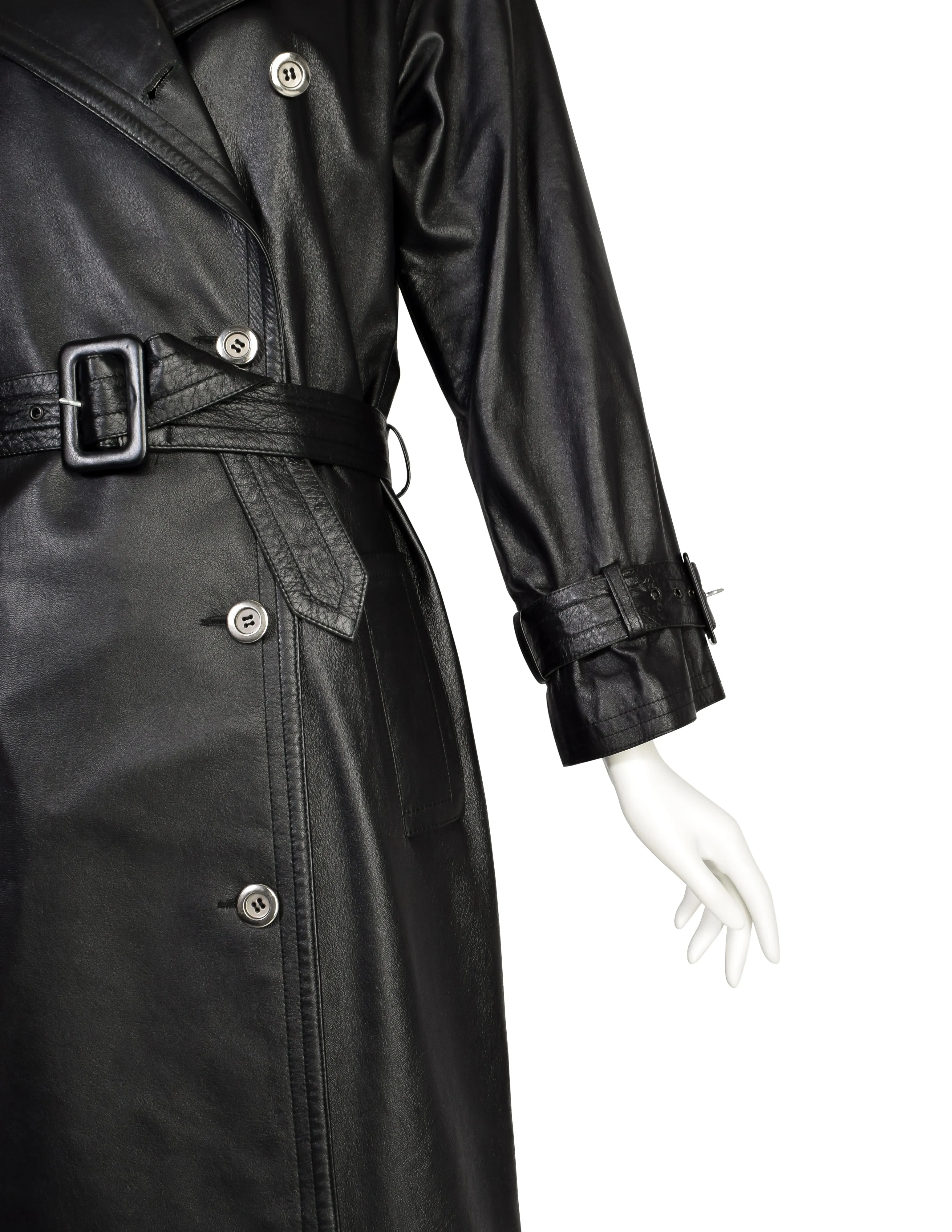 Yves Saint Laurent Vintage 1970s Black Lambskin Leather Double Breasted Trench Coat